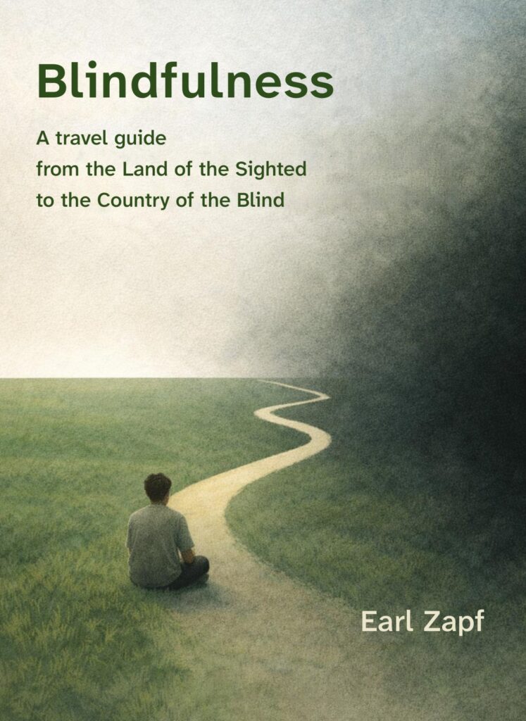 Book cover for “Blindfulness: A travel guide from the Land of the Sighted to the Country of the Blind”, showing a seated figure beside a winding path that disappears into mist.