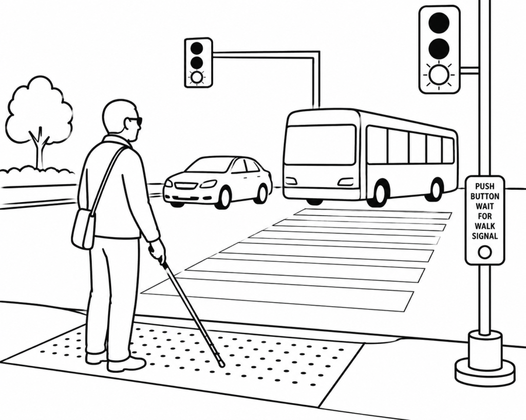 A simple black-and-white line drawing of a blind person standing at a pedestrian crossing with a white cane. A bus and car wait at the intersection, with traffic lights, a crossing button, and tactile paving shown using clear, uncluttered lines designed for easy visual recognition.
