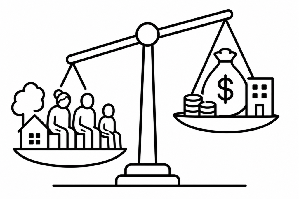 High-contrast black-and-white line drawing of a tilted balance scale. On one side are simple figures representing people beside a house and tree, symbolising community and social support. On the other side are a money bag, coins, and a building representing wealth and economic power. The image suggests an imbalance between human needs and financial priorities.