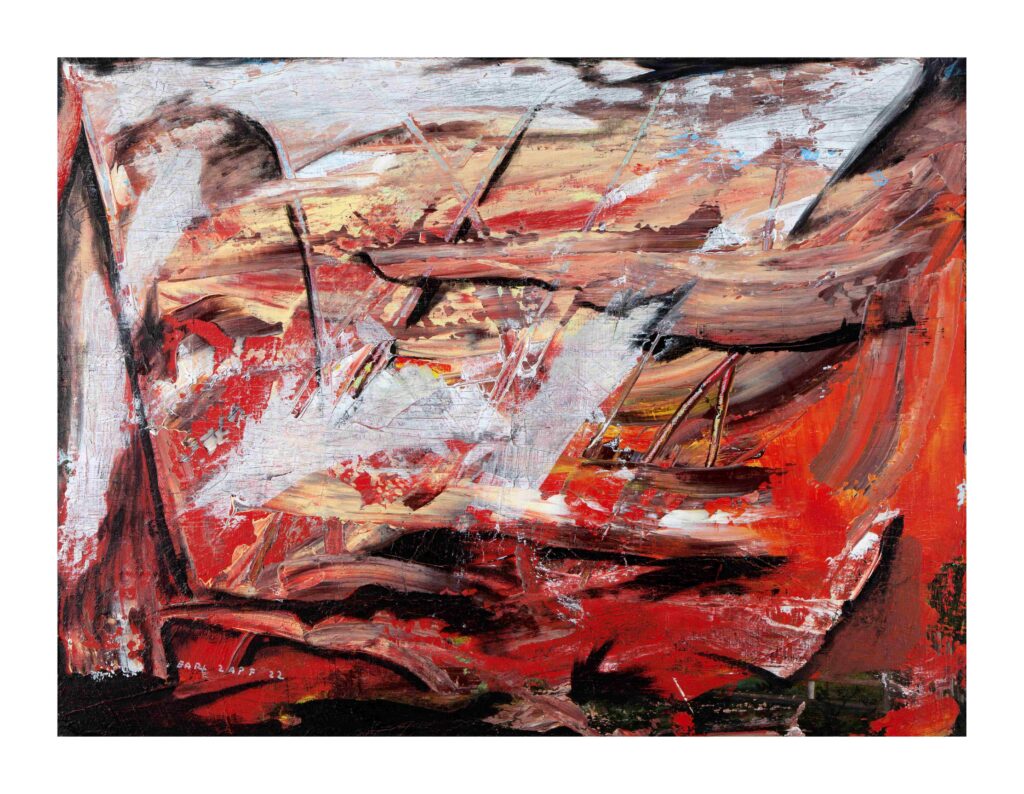 Abstract mixed media painting with layered red, white, black, and earthy brown brushstrokes sweeping across the canvas. Fragmented textures, scratched surfaces, and energetic marks create a sense of motion, tension, and shifting forms within a chaotic, expressive composition.