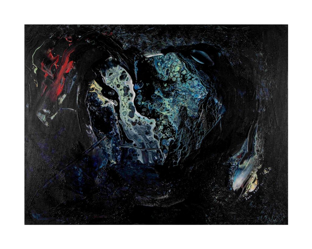 Dark abstract mixed media painting with deep black and blue textures surrounding a luminous central form of layered white, silver, and icy blue patterns. Fluid organic shapes and glossy surfaces create a sense of depth, movement, and emergence from darkness.