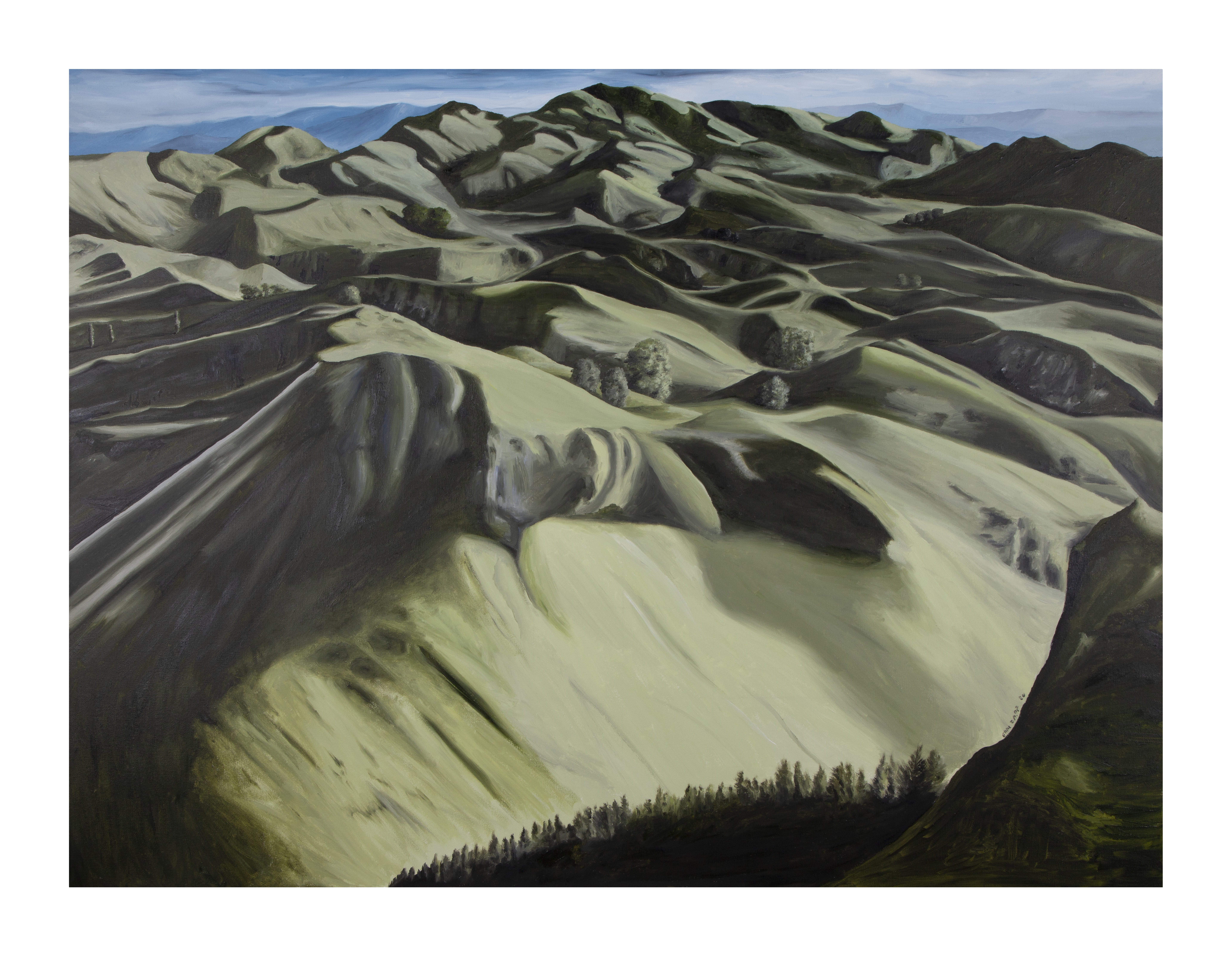 A dramatic aerial-style landscape painting of rolling green hills with winding ridgelines and deep shadows, leading toward distant mountains under a pale blue sky. The terrain appears sculpted and flowing, with scattered clusters of trees adding scale and contrast to the vast, undulating landscape.