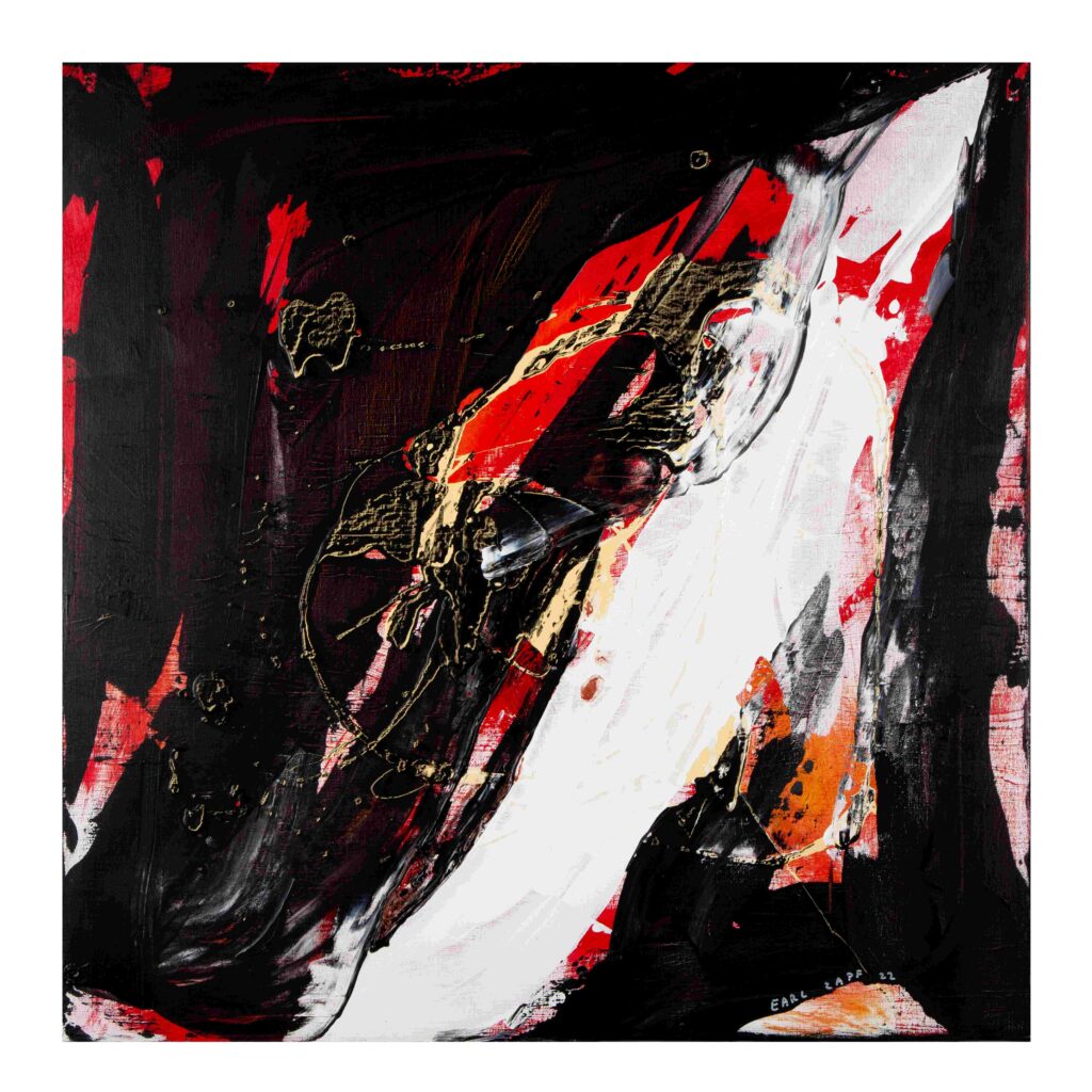 Mixed media abstract painting with sweeping black and white forms crossing a vivid red background. Textured layers of paint, gold detailing, and expressive brushstrokes create a dramatic, high-contrast composition filled with movement and tension.