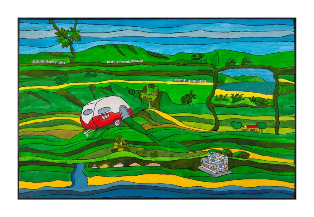 Ink on canvas painting of rolling green hills and farmland in a stylised, flowing landscape. A red and white caravan sits among winding yellow paths, trees, rivers, and patchwork fields beneath a striped blue sky.