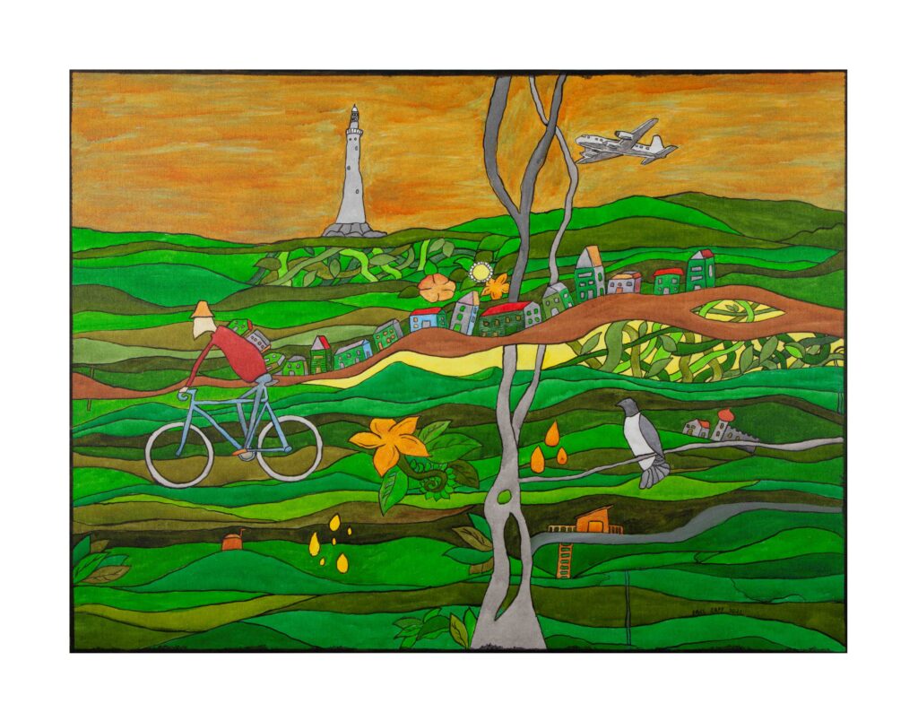 Ink on canvas artwork featuring rolling green hills beneath an orange sky, with a cyclist riding through a stylised countryside. A lighthouse, small houses, flowers, trees, a bird, and an airplane are woven into the layered landscape in a dreamlike, flowing composition.