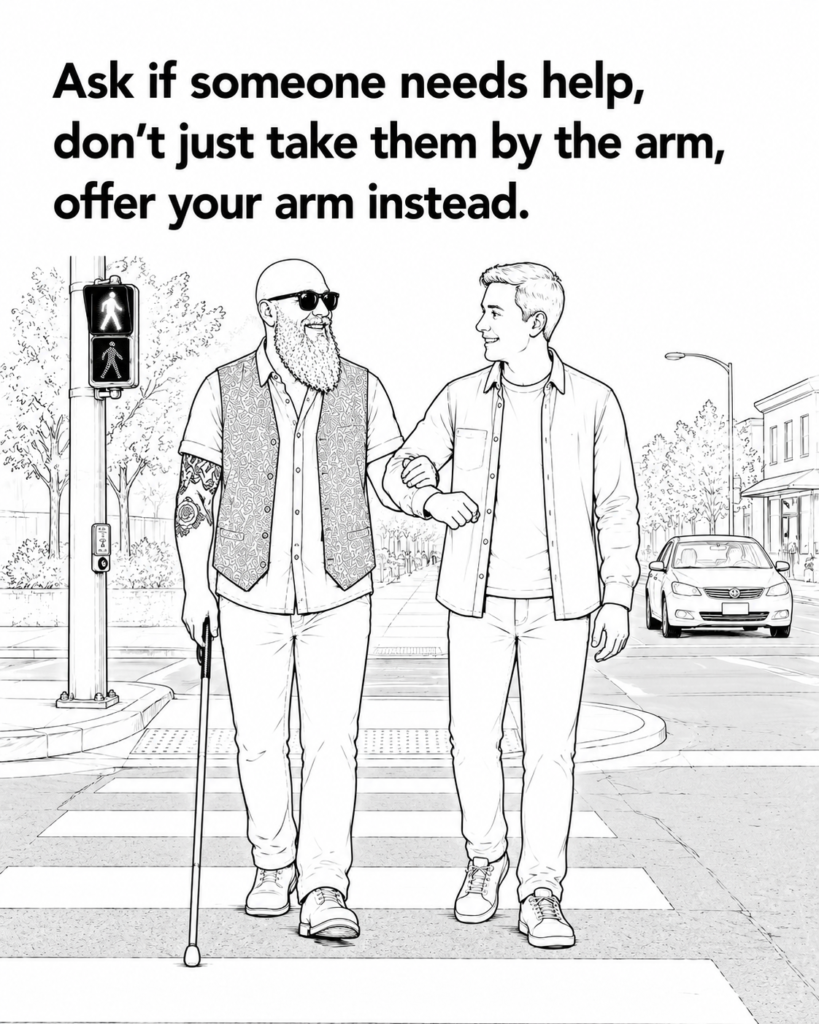 "Black-and-white line drawing titled 'Ask if someone needs help, don't just take them by the arm, offer your arm instead.' A blind man using a white cane crosses a pedestrian crossing while lightly holding the arm of a sighted guide who has offered assistance. The pair are walking side by side through a signal-controlled crossing, illustrating the recommended guiding technique of offering an arm rather than grabbing someone."