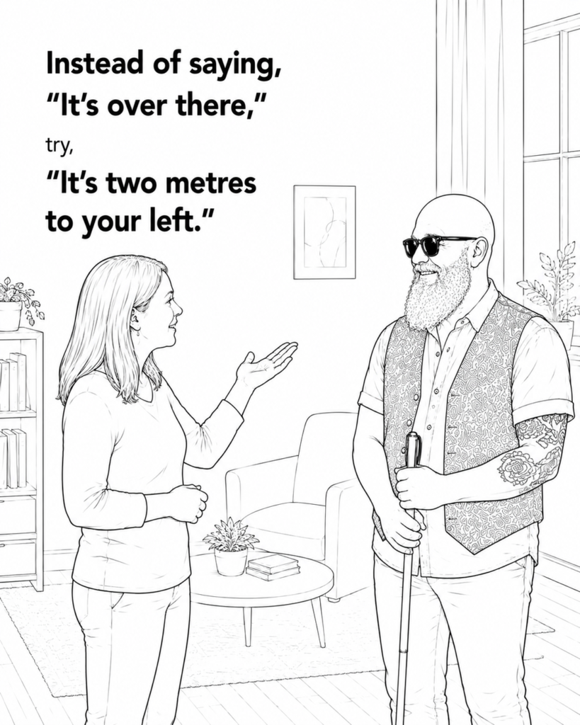 "Black-and-white line drawing titled 'Instead of saying, "It's over there," try, "It's two metres to your left."' A woman gives clear verbal directions to a blind man using a white cane in a living room. The illustration demonstrates how specific directions using distance and orientation are more helpful than vague gestures or phrases such as 'over there'."