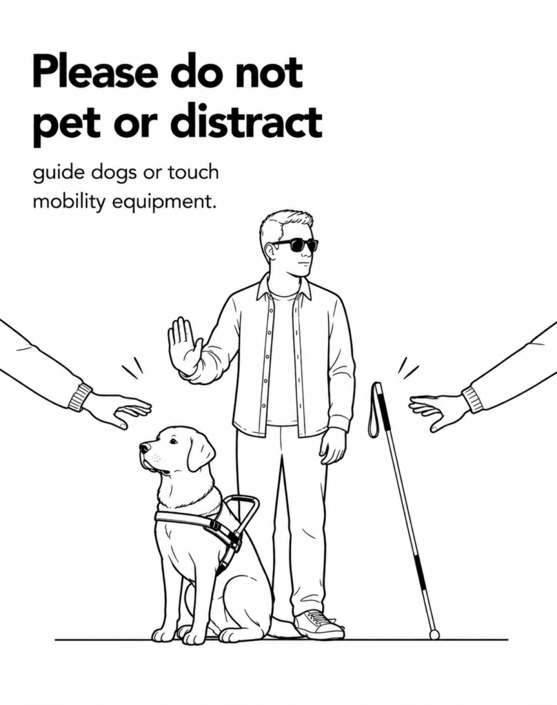 Black-and-white line drawing titled 'Please do not pet or distract.' A guide dog sits calmly beside a blind person wearing sunglasses, with a white cane standing nearby. The person raises a hand to stop two outstretched hands reaching toward the guide dog and mobility equipment. The illustration reminds people not to pet, distract, or touch guide dogs, white canes, or other mobility aids without permission."
